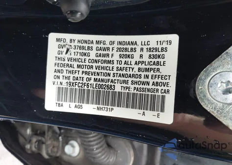 2020 Honda Civic Lx из США, поврежденный, VIN 19XFC2F61LE002683